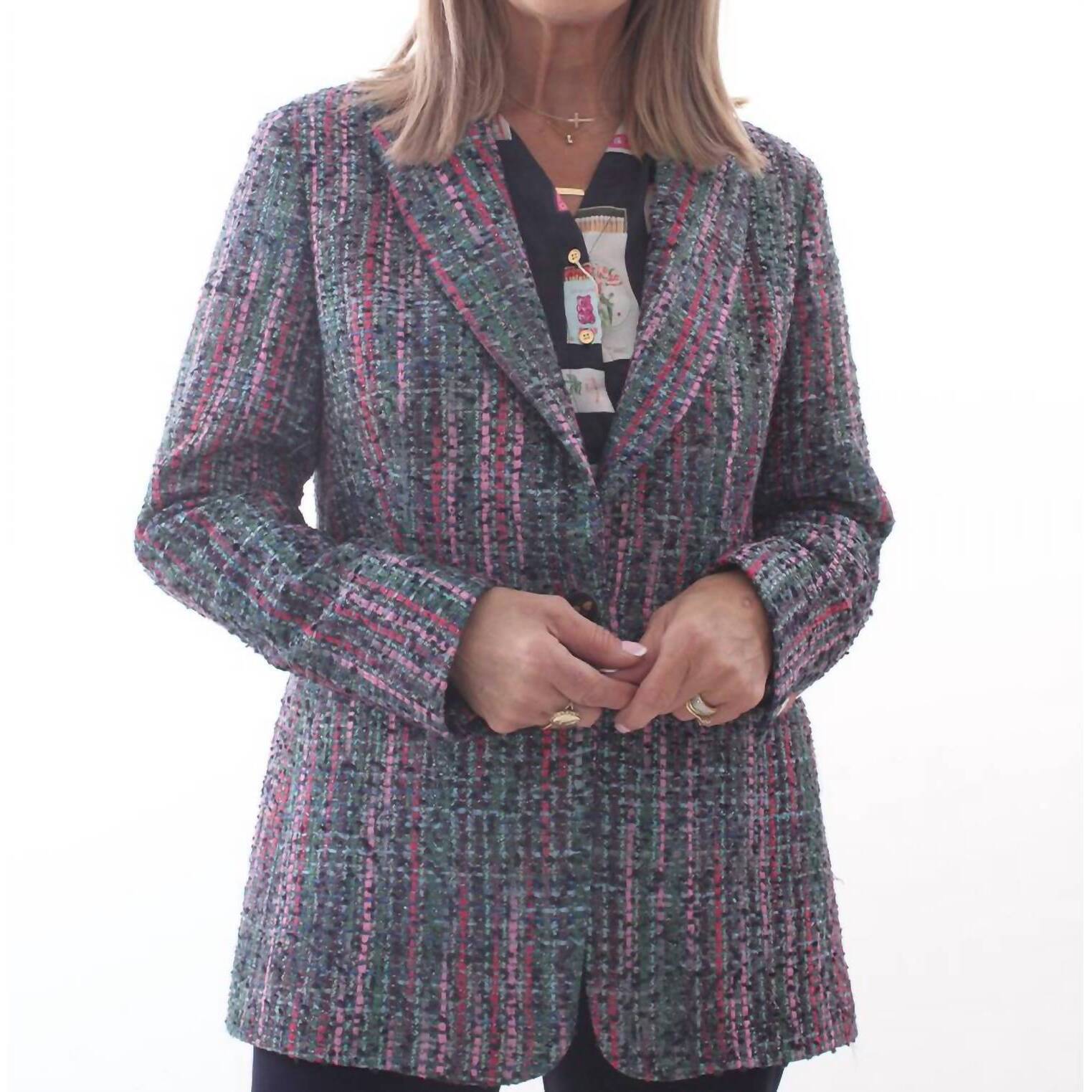 New Vilagallo Button Tweed Blazer In Cintas Verde Rosa